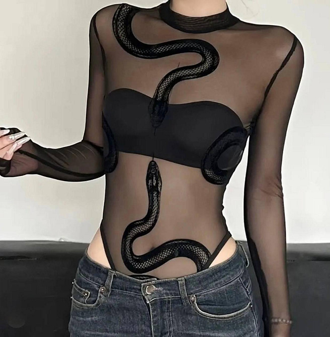 Жіночий стильний напівпрозорий боді з малюнком змії стрейч сітка Одеса - фото 3