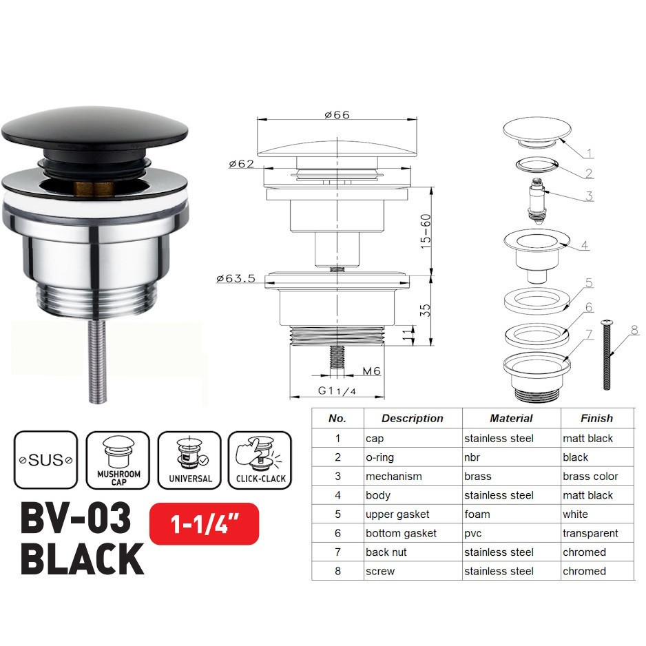 Донний клапан для раковини Zerix BV-03 BLACK 1 1/4''  універсальний  СLICK-СLACK  ( 19650 ) Харьков - изображение 8