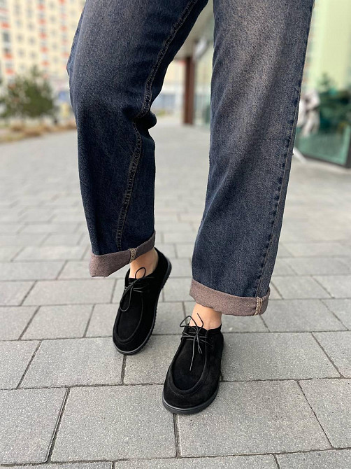 Arcoboletto Топсайдери жіночі на низькому ходу з натуральної замші на шнурівці чорні демісезонн Коломия - фото 4