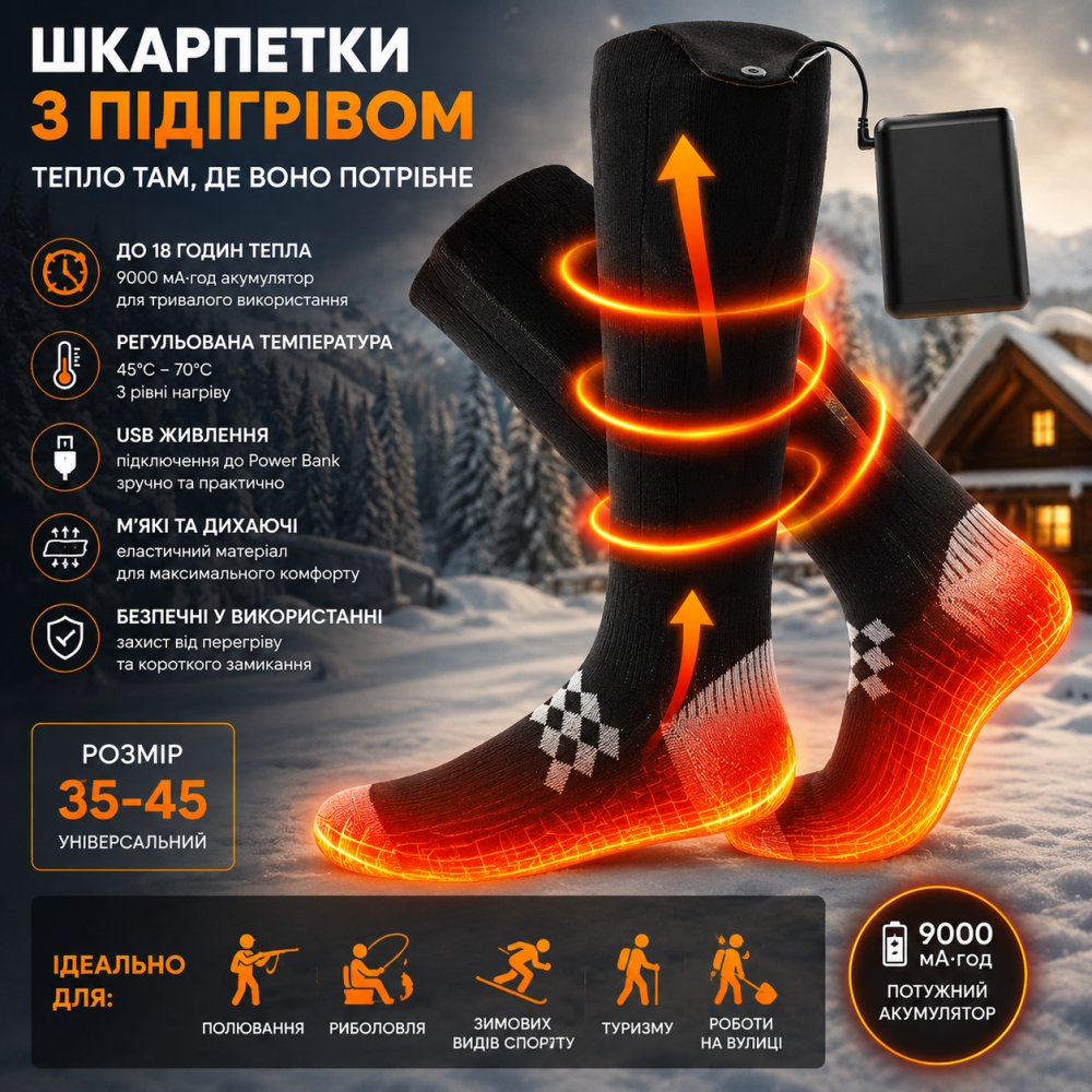 Шкарпетки з підігрівом iKuchelife 9000 мА·год до 18 годин, термошкарпетки 45–70°C USB для полювання, риболовлі та зимового спорту Київ - фото 11