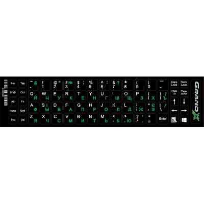 Наклейка на клавіатуру Grand-X 68 keys Cyrillic green, Latin white (GXDPGW) Вінниця