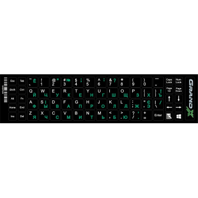 Наклейка на клавіатуру Grand-X 68 keys Cyrillic green, Latin white (GXDPGW) Вінниця - фото 1