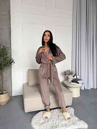 Женский стильный домашний велюровый комплект тройка Капучино Одесса