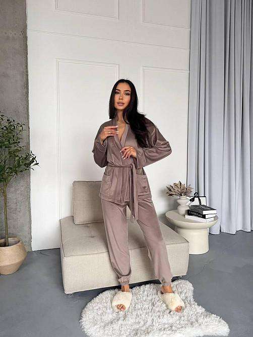 Женский стильный домашний велюровый комплект тройка Капучино Одесса - изображение 6