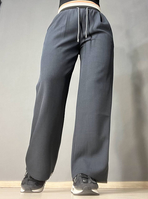 Брюки женские A-N 25110 палаццо широкие высокая талия на резинке со шнурком графит, графит, L Киев - изображение 15