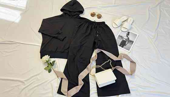 Жіночий стильний повсякденний костюм-двійка з якісної двонитки на рибані Чорний, 44 Одеса