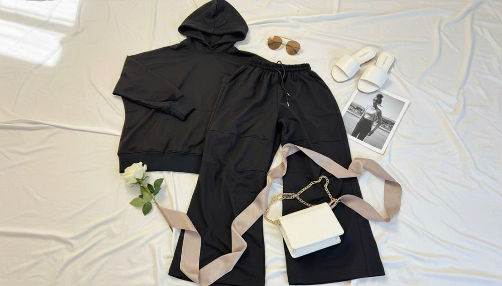 Жіночий стильний повсякденний костюм-двійка з якісної двонитки на рибані Чорний, 44 Одеса - фото 1