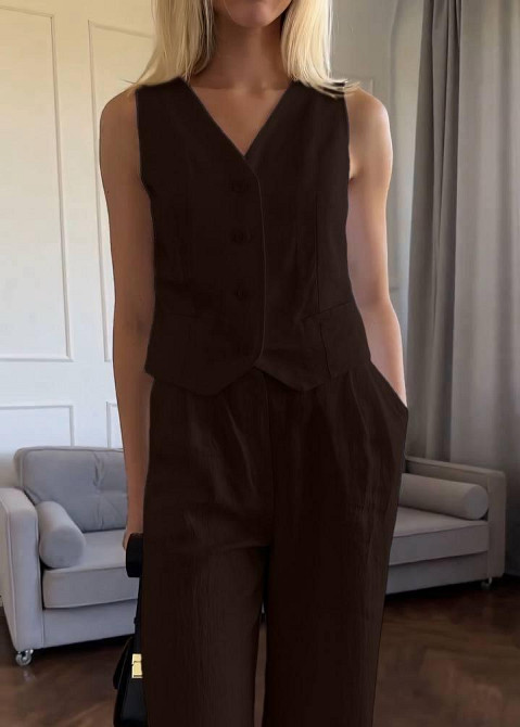 Женский стильный летний костюм двойка лён Шоколад, 42/44 Одесса - изображение 5