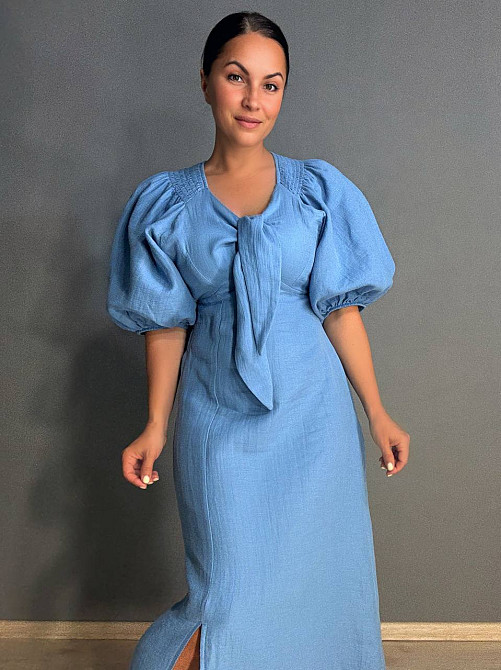 Сукня жіноча Mix Ray 4196 довга з розрізом вузол на грудях з муслину блакитна, блакитний, M Київ - фото 15