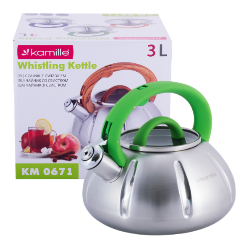 Чайник 3л із нержавіючої сталі зі свистком і скляною кришкою (ручки: зелена, синя, дерево) KAMILLE 0 Житомир - фото 11
