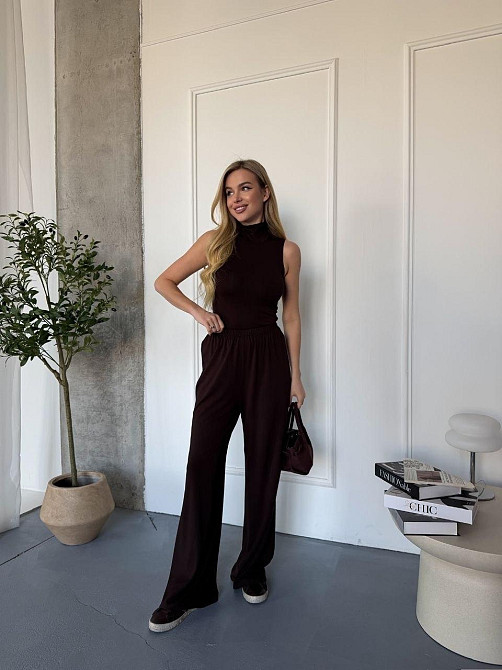 Женский базовый костюм двойка: топ американка и штаны палаццо вискоза Шоколадный, 40/44 Одесса - изображение 9