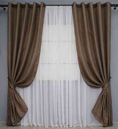 Комплект штор на люверсах VR-Textil Льон-блекаут Льон Мішковина № 277ш Коричневий 150х250см 2 шт (37-0189) Київ