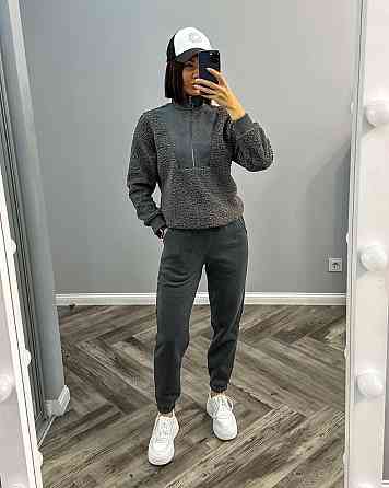 Женский стильный и удобный костюм двойка тринитка на флисе, трикотаж «Барашек» Графит, 46/48 Одесса