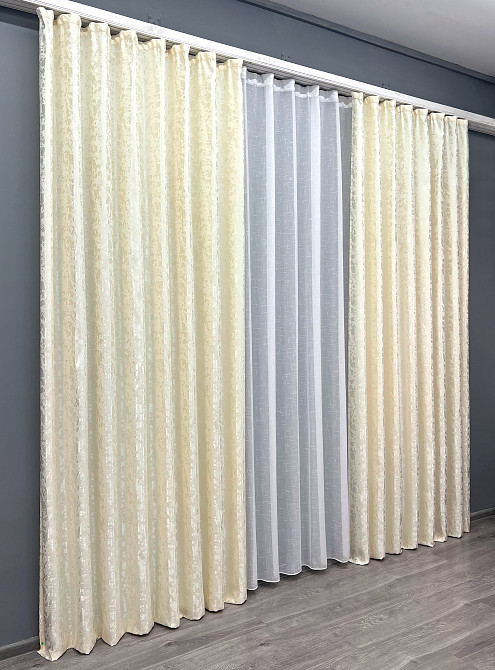 Комплект штор VR-Textil Льон Мармур 100х270 2шт і Тюль 300х270 1908ш-115т Молочний з білим 71-128/1 Київ - фото 3
