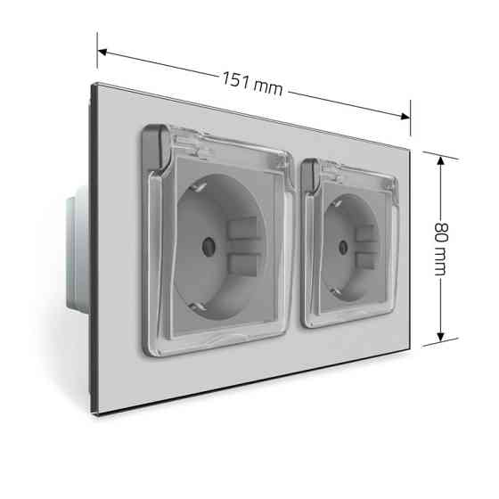 Подвійна електрична розетка вологозахисна з кришкою IP44 з заземленням, LIVOLO, сіра, скляна рамка, шторки, 250В 16А (VL-C7C2EUWF-15) Коломыя