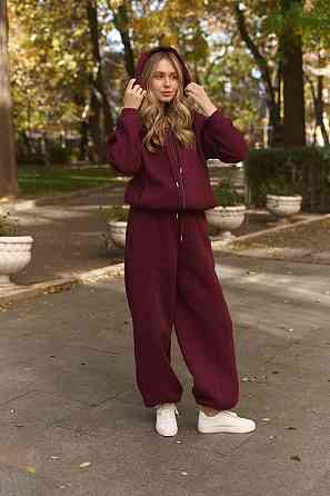Жіночий теплий прогулянковий костюм-двійка турецька тринитка на флісі Бургунді Одеса