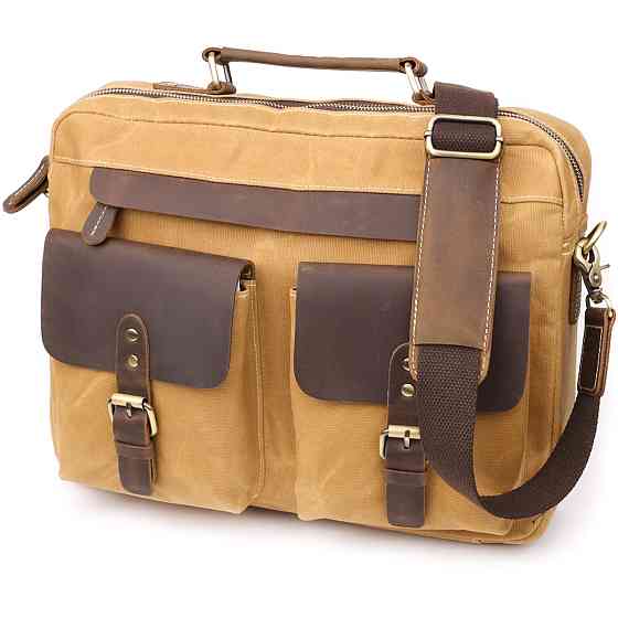 Стильный портфель из качественного текстиля из кожаными вставками Vintage 20874_1 Светло-коричневый Киев