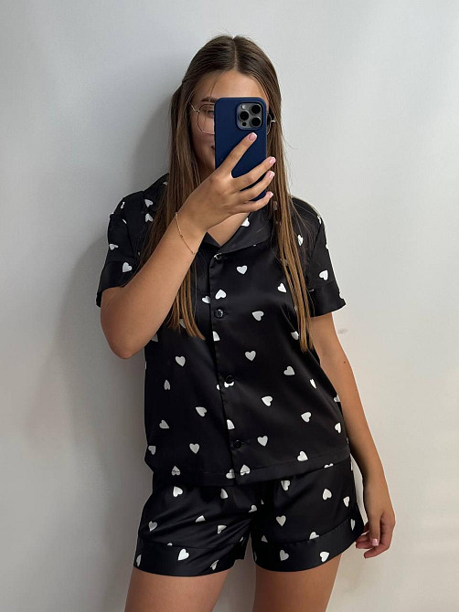 Пижама женская из сатина с шортами и рубашкой Черный XL-2XL Харьков - изображение 1