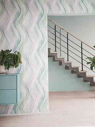 Шпалери вінілові на флізелін Marburg Shades бірюзові блакитні зелені смуги хвилі на білому тлі Київ