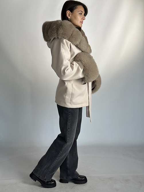 Пончо пальто жіноче з хутром капюшон і манжети Бежевий 54/56 Харків - фото 6