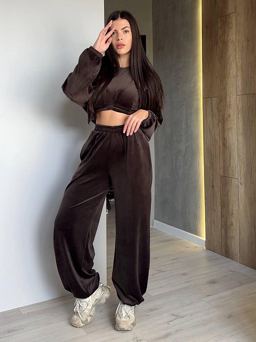 Женский прогулочный костюм тройка: худи топ и штаны велюр плюш Шоколад, 42/44 Одесса - изображение 6