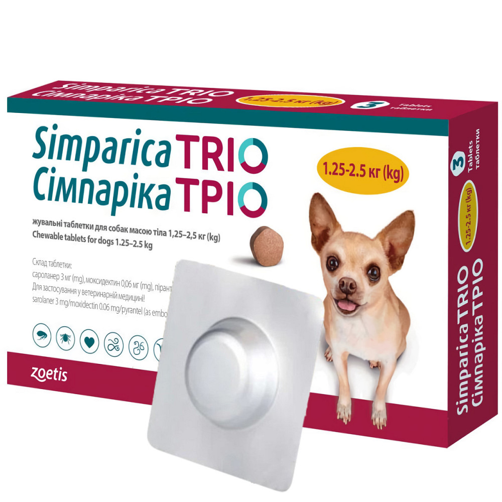 Симпарика Трио таблетки для собак 1,25-2,5 кг от блох, клещей и гельминтов 1 таблетка Zoetis Винница - изображение 1