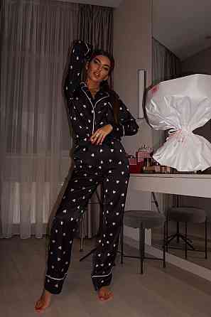 Женская пижама двойка с сердечками из шелка армани Черный 2, 52/54 Одесса