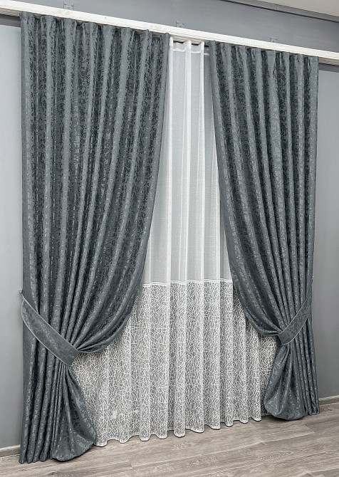 Комплект штор VR-Textil Льон Мармур 150х270 2шт і Тюль 500х270 1262ш-1672т Графітовий з білим 71-165/4 Київ - фото 2