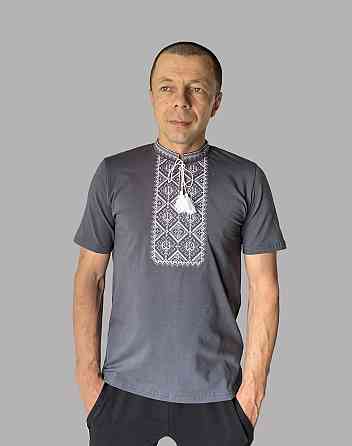 Чоловіча сіра футболка вишиванка із сіро-білим орнаментом із тризубом XL Київ