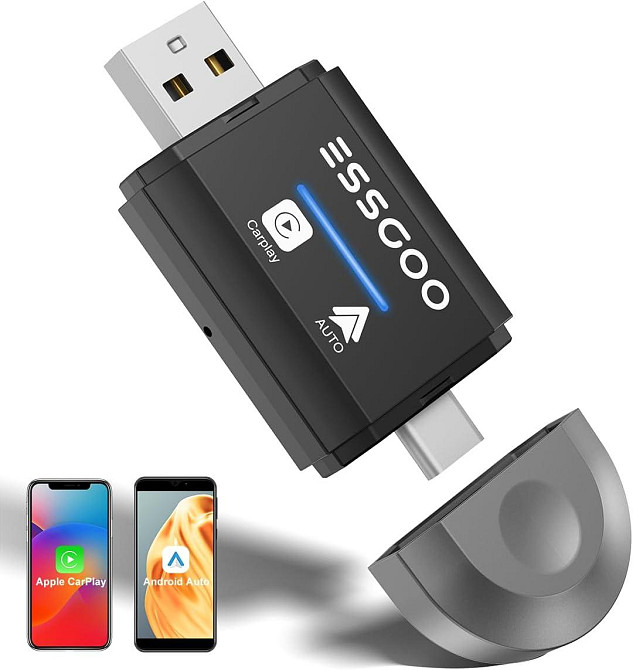 Бездротовий автомобільний адаптер CarPlay Android Auto ESSGOO 2-в-1, підтримка iOS 10+ і Android 11+, Карплей чорний Київ - фото 1