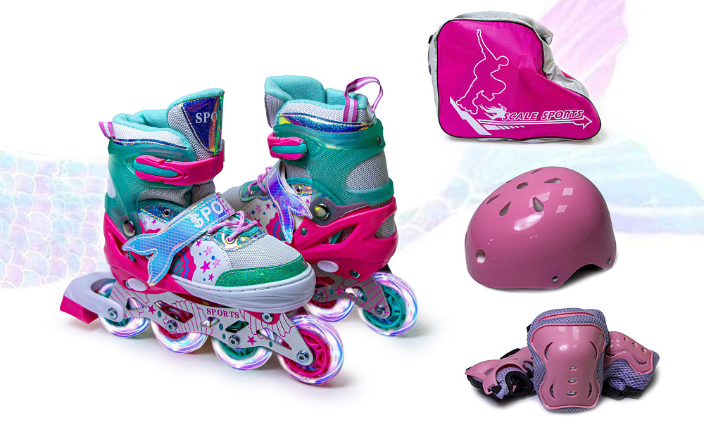 Дитячі ролики із захистом та шоломом Scale Sports The Little Mermaid. Рожево-бірюзовий комплект. Розмір Одеса - фото 1