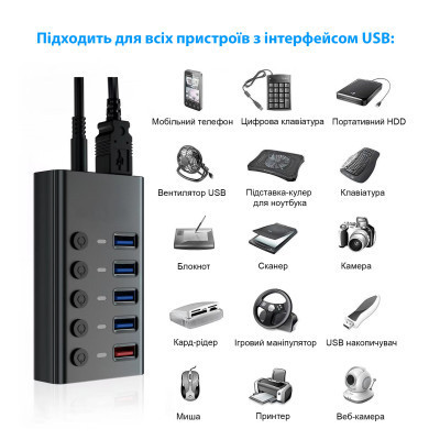 Концентратор Dynamode 5 ports USB3.0 to 4*USB3.0+2.4А Power Adapter 1A/12V (DM-UH-P405-G) Винница - изображение 8