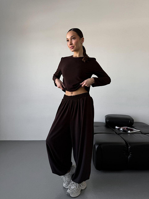Жіночий повсякденний прогулянковий костюм-двійка: кофта та штани турецька двонитка Шоколадний, 46/48 Одеса - фото 3