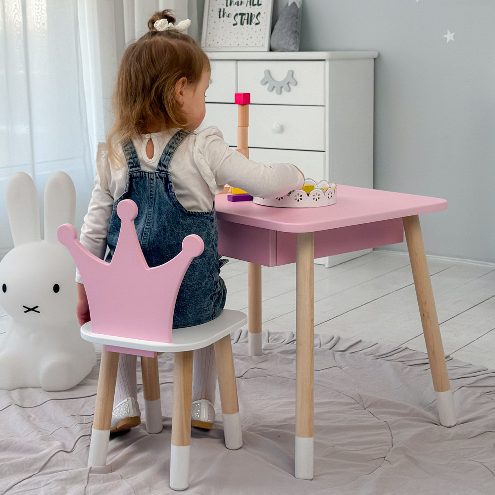Стіл прямокутний з ящиком 46х60х45 і стілець корона 26х26х24, столик та стільчик в дитячу, рожевий з білим Кам'янське - фото 19
