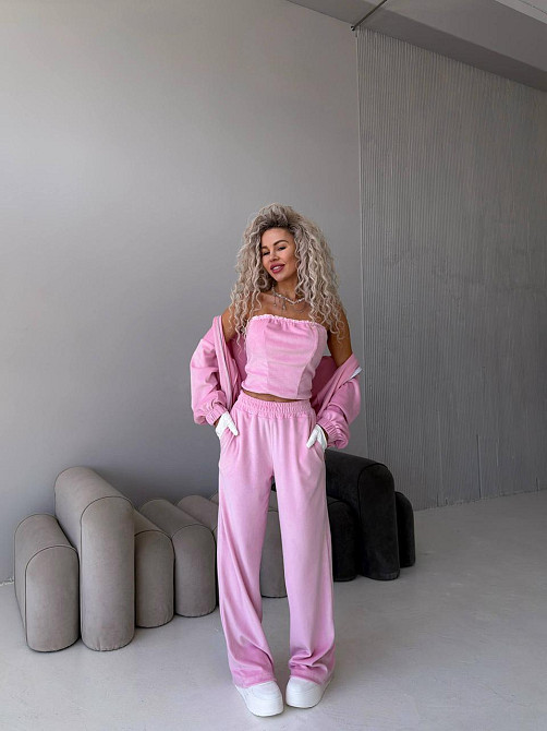 Жіночий велюровий комплект-трійка Рожевий, 48/52 Харків - фото 3