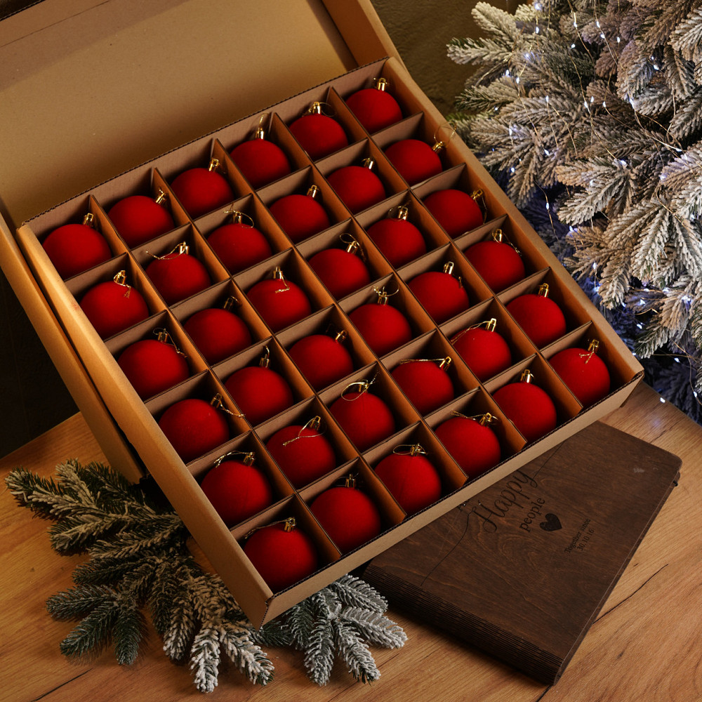 Набор новогодних игрушек на елку «Бархат» 18 шт D-8 см Красный елочные игрушки шарики украшения для елки Киев - изображение 2