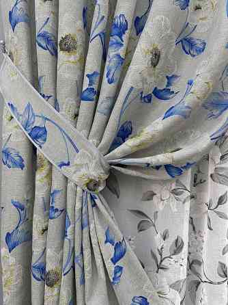 Комплект штор VR-Textil Лен Прованс 150х270 2шт и Тюль 600х270 2078ш-1681т Светло-серый с синим и белым 71-207/5 Киев