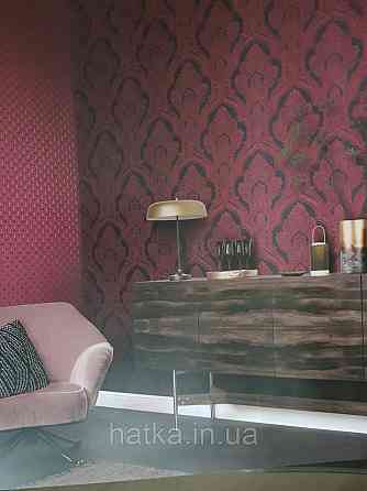 Шпалери текстильні еко 0.53х10.05 Rasch Textil Valentina класика вензелі дамаски бордові на чорно сірому Київ