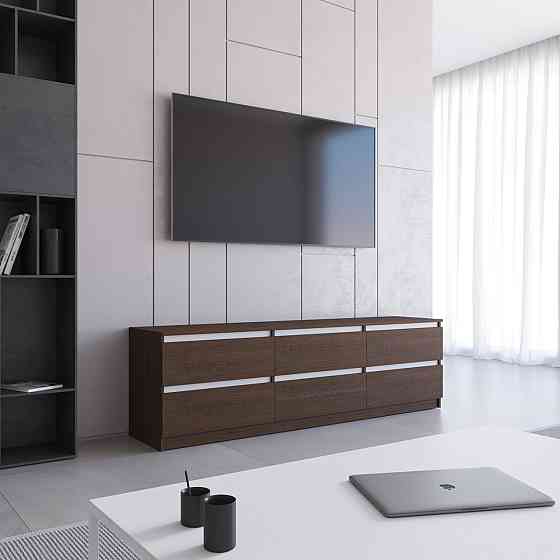 Тумба под телевизор VAYS R-12 Венге Темный-Белые планки, 6 ящиков без ручек, ЛДСП, 180×40×53 см Львов