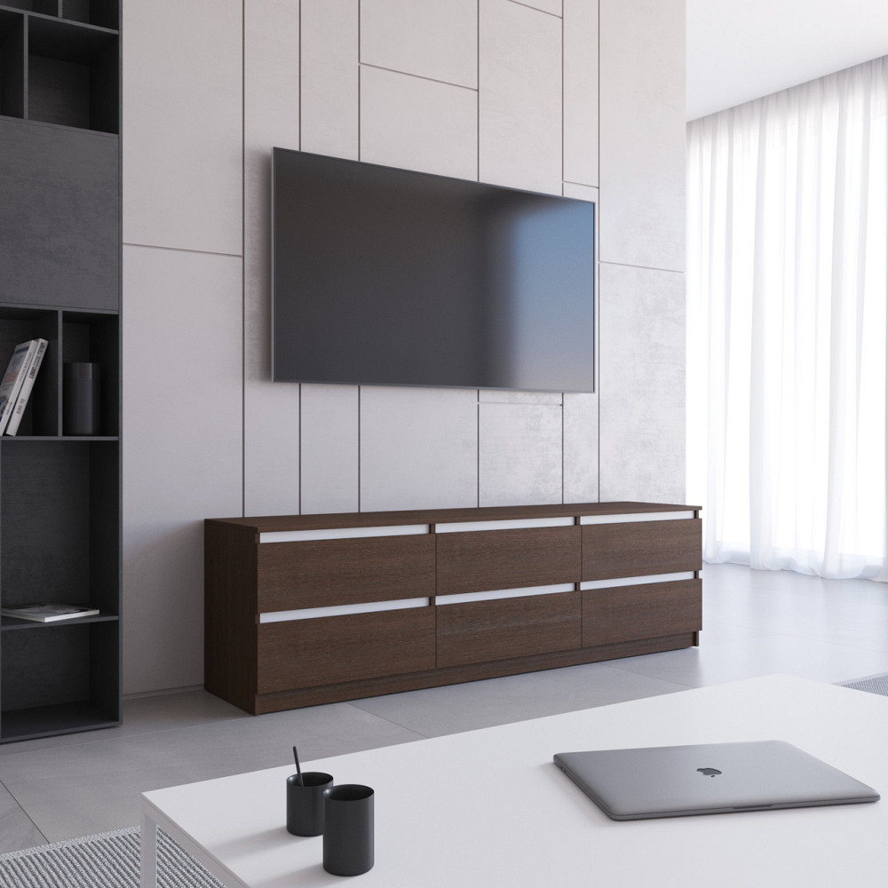 Тумба под телевизор VAYS R-12 Венге Темный-Белые планки, 6 ящиков без ручек, ЛДСП, 180×40×53 см Львов - изображение 1