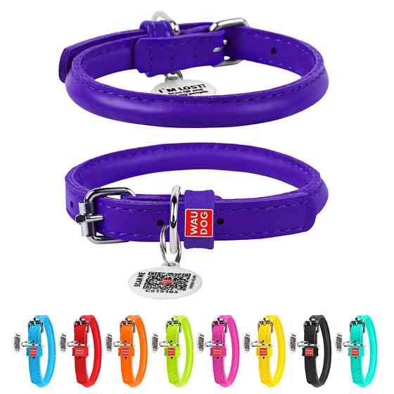 Нашийник для собак шкіряний WAUDOG Glamour з QR паспортом, круглий, Д 8 мм, Дов 25-33 см фіолет Коломия