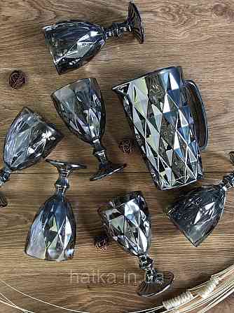 Набір 6 шт. келихів + глечик 1 л. «Дзеркальний Смарагд» 300 мл графітовий колір Київ