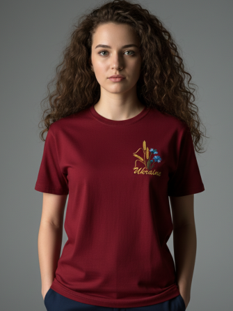 Женская очаровательная вышитая футболка вышиванка бордовая с голубыми васильками и желтыми колосками M Киев