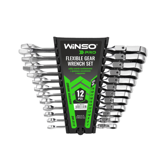 Набор комбинированных ключей с трещоткой и карданом WINSO PRO Cr-V, 12 шт (7–19 мм), в чехле Киев
