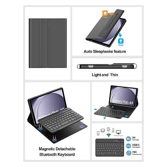 Чохол з клавіатурою FOGARI QWERTY кейс Bluetooth 5.3 знімна клавіатура для Samsung Galaxy Tab A9 8.7 2023 чорний PU з S Pen Київ