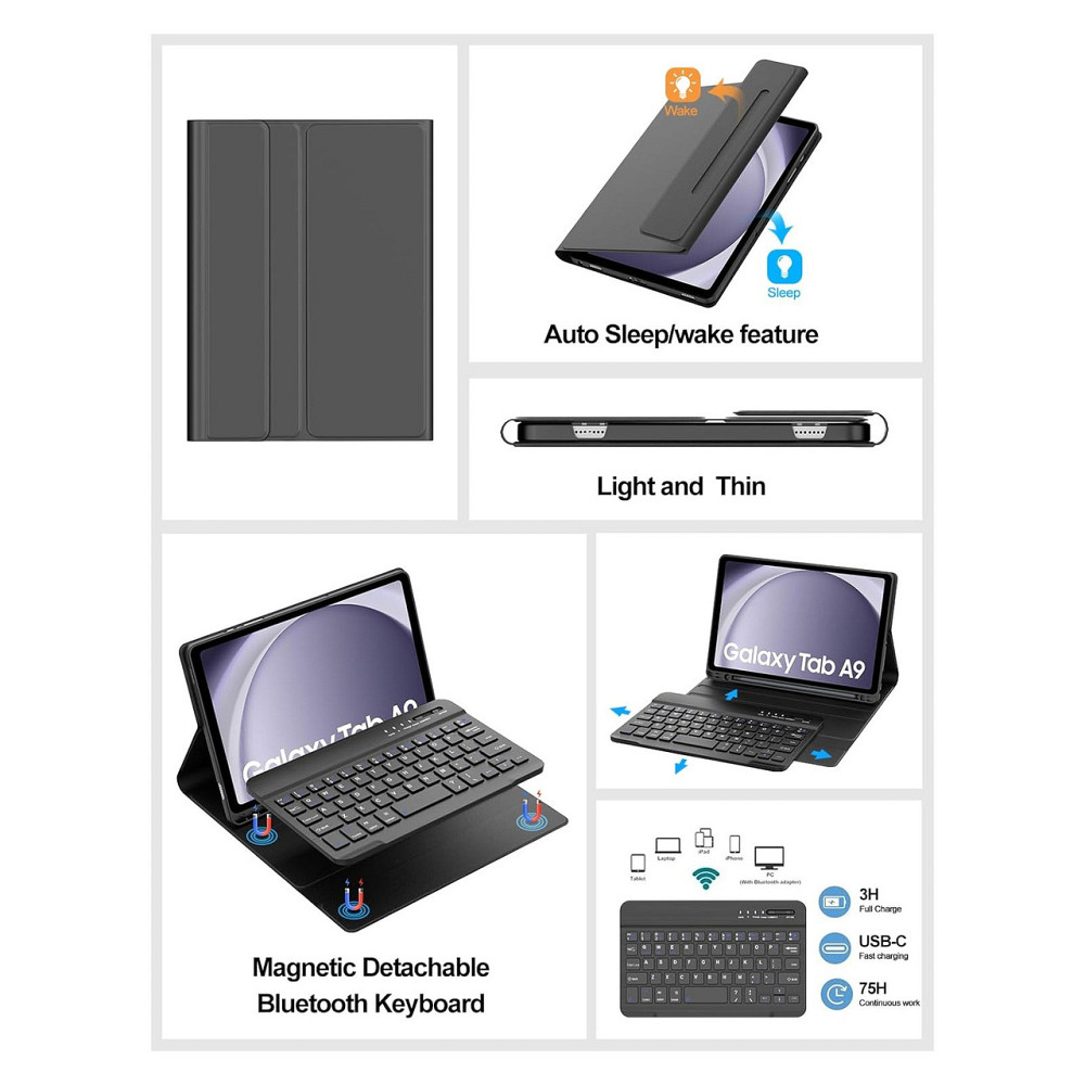 Чехол с клавиатурой FOGARI QWERTY Bluetooth 5.3 съемная клавиатура для Samsung Galaxy Tab A9 8.7 черный Киев - изображение 2