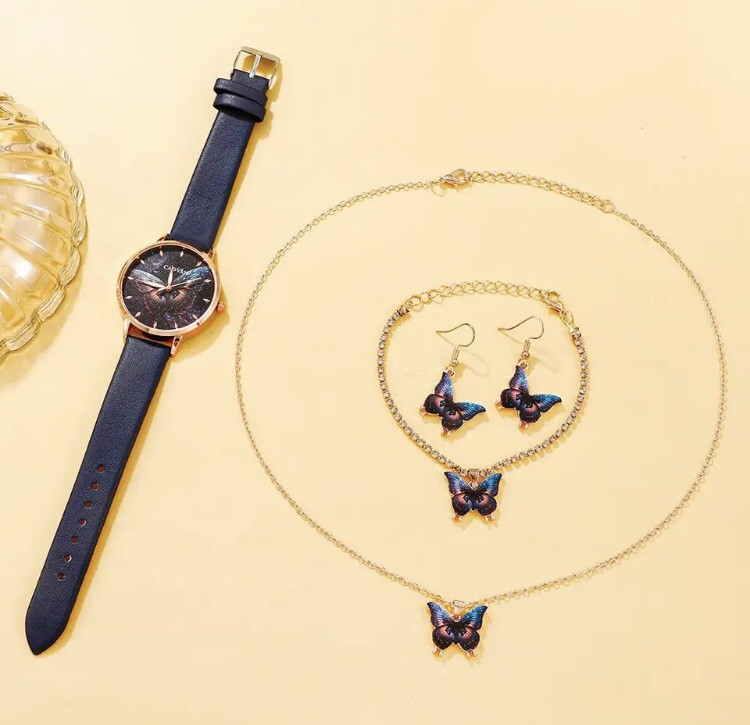 Подарочный набор для женщин Бабочка: наручные часы, браслет, ожерелье и серьги- без подарочной коробки, синий Киев - изображение 4