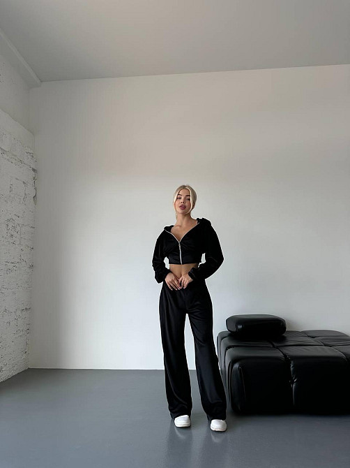 Жіночий стильний прогулянковий костюм-двійка: кофта та штани велюр-плюш Чорний, 42/46 Одеса - фото 10