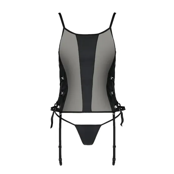 Сітчастий корсет з екошкіри Passion MALWIA CORSET 6XL/7XL black, з люверсами та знімними пажами Львів