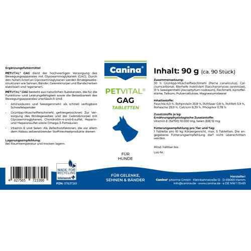 Мінеральний комплекс Canina Petvital GAG для собак для суглобів і тканин глюкозамін з екстрактом мідій 90 г 90 табл. Київ